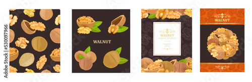 collection of card with walnuts on brown background. banner with