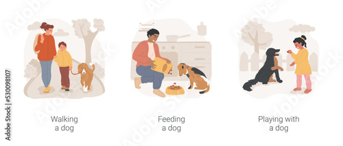 Dog owner routine isolated cartoon vector illustration set. Walking dog on leash, city park, feeding pet, pouring dry food from bag in bowl, meal schedule, playing with puppy vector cartoon.