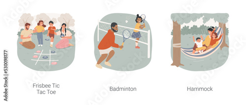 Picnic games isolated cartoon vector illustration set. Frisbee Tic Tac Toe, family members play badminton together, parent and kid lying in colorful hammock, picnic activity vector cartoon.