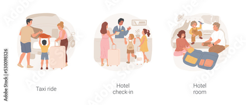 Hotel check-in isolated cartoon vector illustration set. Hotel taxi service, family loading luggage in car, standing at check-in desk, arrival to hotel, unpacking luggage in room vector cartoon.