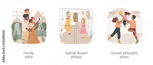 Taking pictures on vacation isolated cartoon vector illustration set. Family take picture, use selfie-stick, make fun optical illusion photo, holding statue, sunset silhouette vector cartoon.