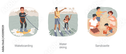Beach activities isolated cartoon vector illustration set. Wakeboarding school, extreme watersport, water skiing together, seaside resort activity, family building sandcastle vector cartoon.