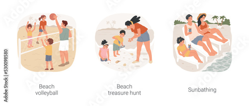 Enjoy the beach isolated cartoon vector illustration set. Beach volleyball tournament, play together, seaside treasure hunt, collect shells and rocks, family members sunbathing vector cartoon.