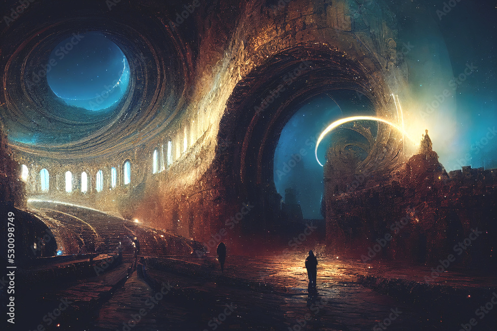 Obraz premium Fantasy fractal portal neon tunnel, magical mysterious majestic landscape, antiquity and modernity, unreal world. 3D illustration.