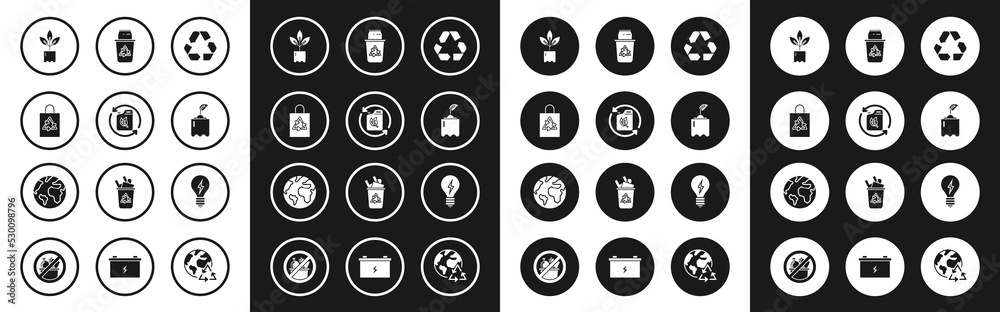 Set Recycle symbol, Bio fuel canister, Plastic bag with recycle, Plant in bottle, Sprout, bin and, Light bulb lightning and Earth globe icon. Vector