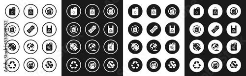 Set No canister for gasoline, Stop ocean plastic pollution, Bio fuel, Canister, Plastic bag with recycle, and bottle icon. Vector
