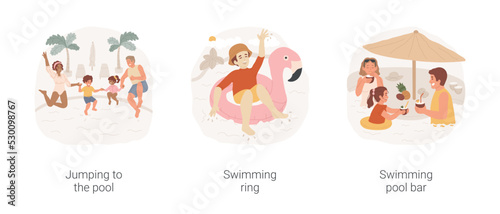 Resort swimming pool isolated cartoon vector illustration set. Family jumping to the pool, holding hands, lying in swimming ring, poolside bar, drinking exotic cocktail, summertime vector cartoon.