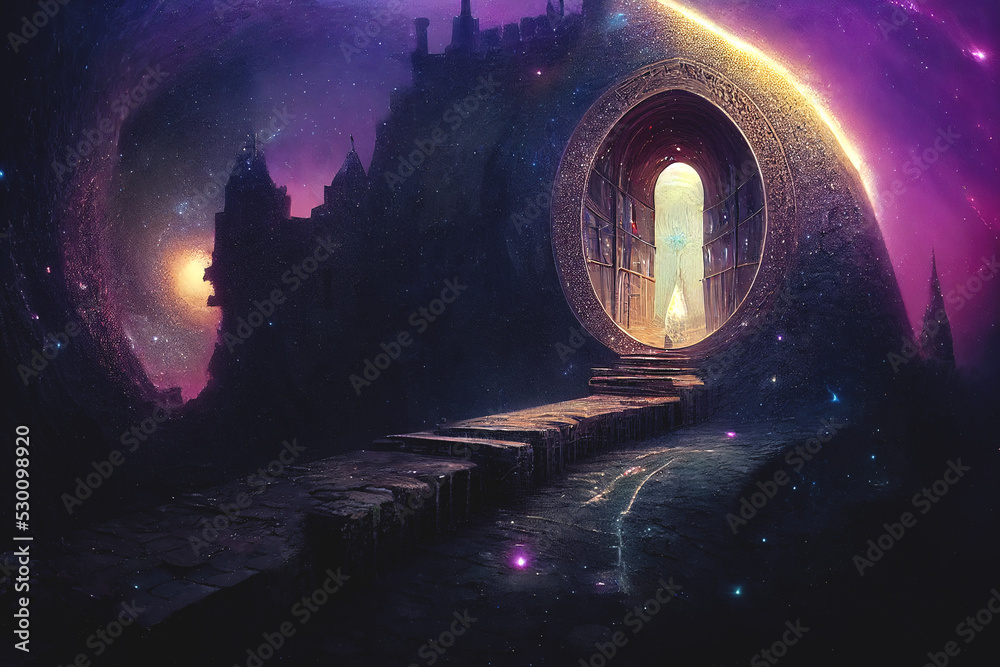 Naklejka premium Fantasy fractal portal neon tunnel, magical mysterious majestic landscape, antiquity and modernity, unreal world. 3D illustration.