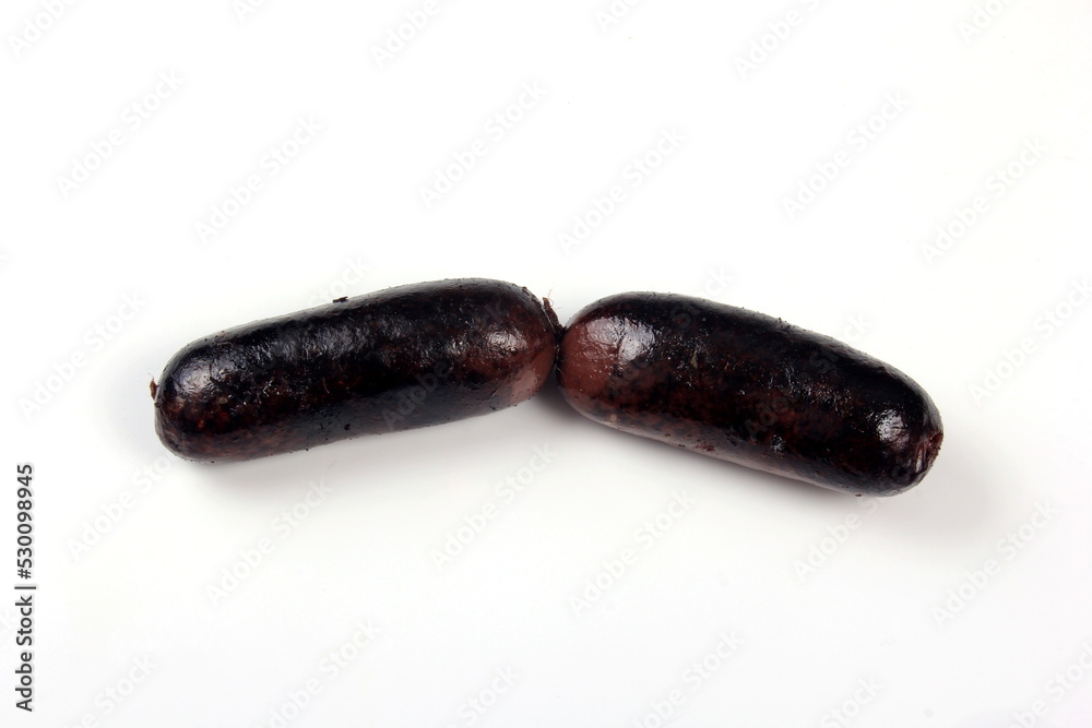 Whole blood sausages on white background, Traditional latvian blood sausages Whole blood sausages on white background, Traditional latvian blood sausages