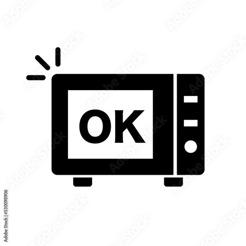 Microwave oven icon with OK sign and microwave oven silhouette icon with defrosting completed. Vector.