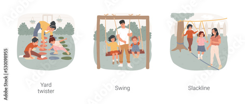 Backyard activities isolated cartoon vector illustration set. Family playing twister, outdoors entertainment, summer backyard game, child sit on swing, slackline for kid, playground vector cartoon.