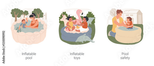 Backyard swimming pool isolated cartoon vector illustration set. Child playing in inflatable pool on backyard, colorful toys, kid swimming in life jacket, family water safety vector cartoon.