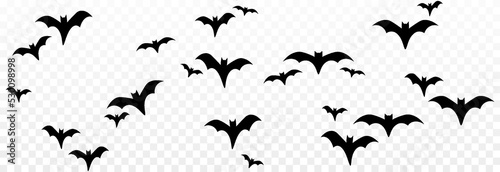 Vector set of bats on an isolated transparent background. Silhouette of bats PNG. Halloween bats PNG. Black bats. © Vitaliy