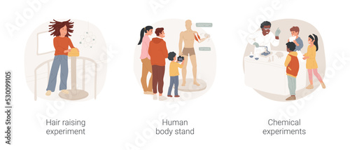 Science museum visit isolated cartoon vector illustration set. Family visit science museum, hair raising experiment, human body stand, chemical lab show, museum exposition for kids vector cartoon.