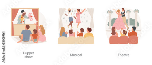 Family outing with kids isolated cartoon vector illustration set. Family in puppet theatre, musical show for children, performance, kids applauding, watch theater play together, vector cartoon.