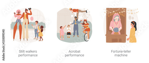 Amusement park performance isolated cartoon vector illustration set. Stilt walker parade, children show, acrobat performance, fortune-teller machine, kid throwing coin, crystal ball vector cartoon.