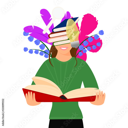 woman holds an open book, studies new information and keeps ideas and knowledge in her head. The concept of education. Cartoon Vector illustration in flat style