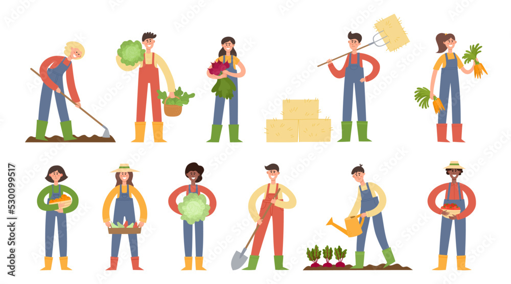 Flat cartoon vector illustration with working farmers