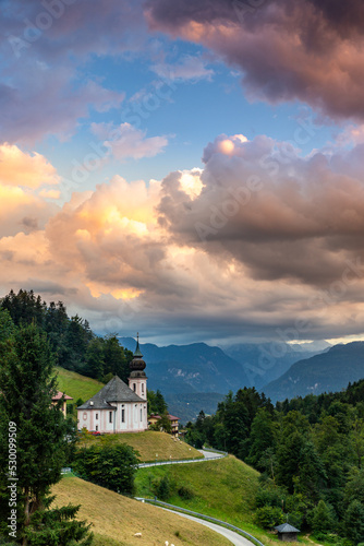 Maria Gern Church and Bavarian Alps with Watzmann Mountain during Sunset, Germany, Europe