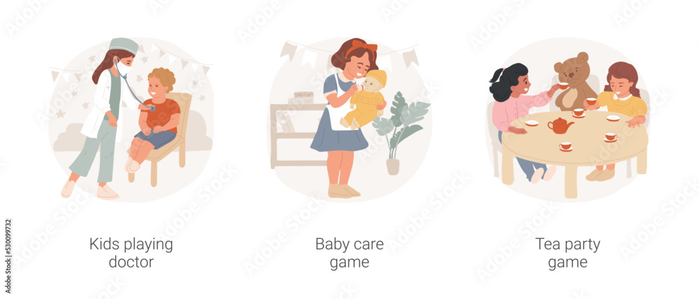 Kids role games isolated cartoon vector illustration set. Kids playing doctor, child using stethoscope, girl nursing baby-doll, babysitting game, mother role, tea party for toys vector cartoon.