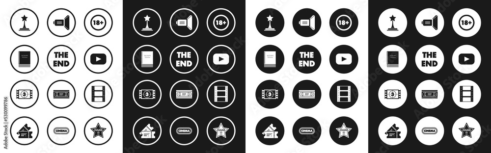 Set Under 18 years, The End handwritten inscription, Scenario, Movie trophy, Play, spotlight, Video and icon. Vector Set Under 18 years, The End handwritten inscription, Scenario, Movie trophy, Play, spotlight, Video and icon. Vector