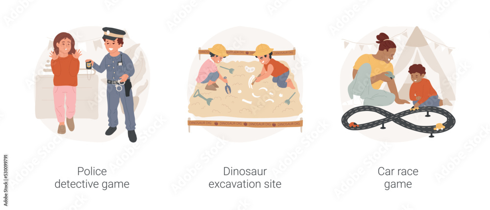 Role games for children isolated cartoon vector illustration set. Kid pretending police detective, solving crime game, dinosaur excavation site, car race toy track, children play vector cartoon.