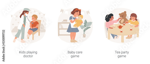 Kids role games isolated cartoon vector illustration set. Kids playing doctor, child using stethoscope, girl nursing baby-doll, babysitting game, mother role, tea party for toys vector cartoon. © Vector Juice