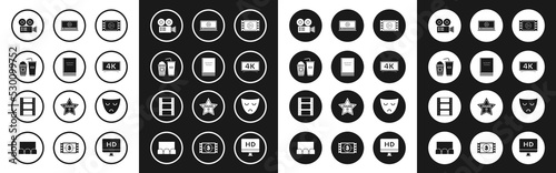 Set Play Video, Scenario, Popcorn and soda drink glass, Cinema camera, , Online play video, Drama theatrical mask and icon. Vector