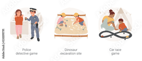Role games for children isolated cartoon vector illustration set. Kid pretending police detective, solving crime game, dinosaur excavation site, car race toy track, children play vector cartoon.