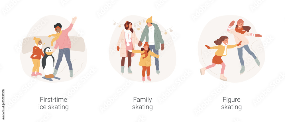 Ice skating isolated cartoon vector illustration set. People ice skating for the first time, family have fun, winter entertainment, figure skating training, kid performing on ice vector cartoon.