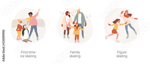 Ice skating isolated cartoon vector illustration set. People ice skating for the first time, family have fun, winter entertainment, figure skating training, kid performing on ice vector cartoon.