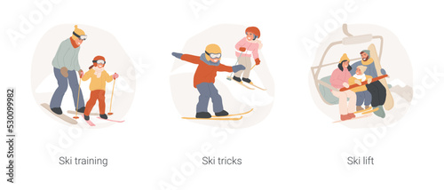 Skiing isolated cartoon vector illustration set. Adult teaching the kid how to ski, seasonal sport, young teen jumping and making trick on snow, extreme sport, lift mountain slope vector cartoon.