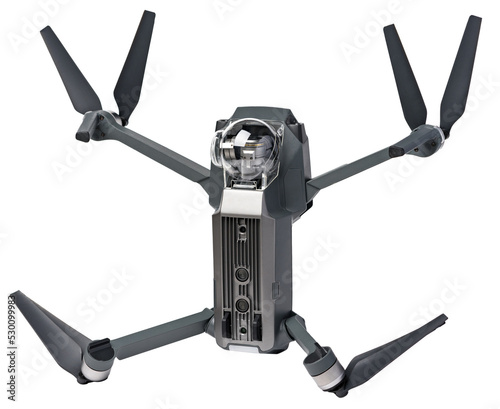Quadcopter drone creatively sitting as robot with legs and hands on isolated background