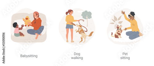 Summer job isolated cartoon vector illustration set. Teenager first job, teen girl play with child, babysitting, dog walking, pet sitting, training a dog, part-time work vector cartoon.