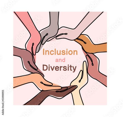 Multiethnic hands form a circle around the inscription
"Inclusion and Diversity". Vector one line illustration