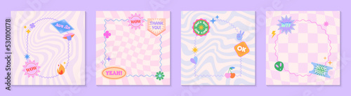Vector set of cute fun templates with frames,patches,stickers in 90s style.Modern symbols in y2k aesthetic with text.Trendy groovy designs for banners,social media marketing,branding,packaging,covers