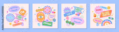 Vector set of cute fun templates with patches and stickers in 90s style.Modern symbols in y2k aesthetic with text.Trendy kidcore designs for banners,social media marketing,branding,packaging,covers