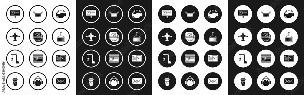 Set Support operator in touch, Pizza cardboard box, Plane, Computer monitor with app delivery tracking, Container crane, Cardboard traffic symbol, Postcard and Harbor icon. Vector