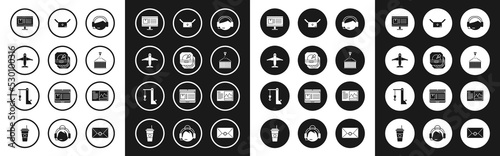 Set Support operator in touch, Pizza cardboard box, Plane, Computer monitor with app delivery tracking, Container crane, Cardboard traffic symbol, Postcard and Harbor icon. Vector