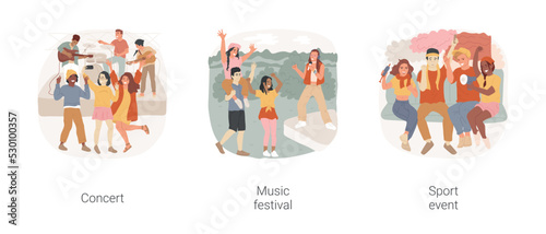 Teenager events isolated cartoon vector illustration set. Teen friends hanging out at live concert, summer music festival outdoor, sport event, fans wearing jerseys watching match vector cartoon.