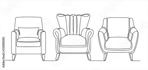 continuous one line drawing of spacious modern set armchairs. . One line vector illustration. 