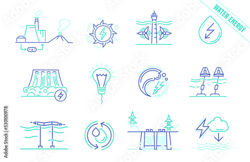 Water energy icons set. Blue pictograms. Vector illustration