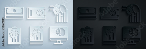 Set Document with graph chart, Pie infographic, Clipboard, Computer monitor, Safe and Stacks paper money cash icon. Vector
