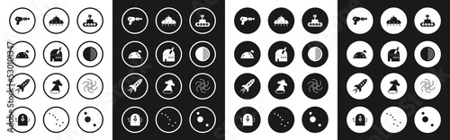 Set Mars rover, Astronomical observatory, Planet with flag, Ray gun, Earth structure, UFO flying spaceship, Black hole and Rocket fire icon. Vector