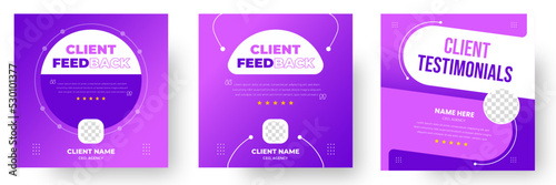 Customer feedback testimonial social media post web banner template. client testimonials social media post banner design template with purple color