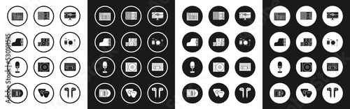 Set Sound or audio recorder on monitor, Stereo speaker, Grand piano, Music synthesizer, Drums, tape player, VHS video cassette and Microphone icon. Vector