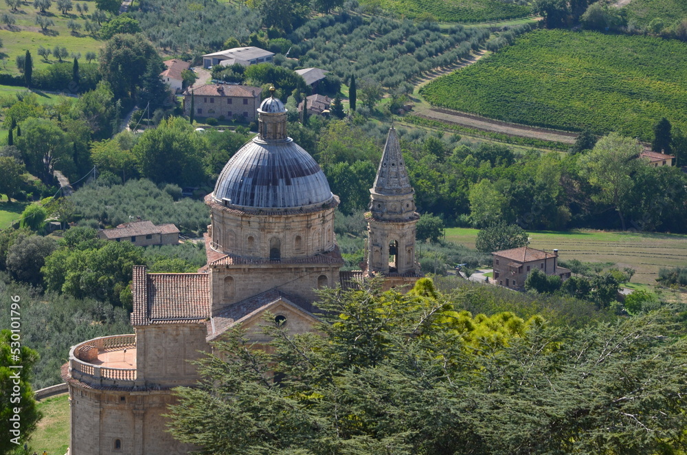 The beautiful countryside and town of Montepulciano in Tuscany on a bright summer day