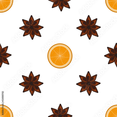 Seamless pattern of orange slices and anise star on white background. Print for kitchen wallpaper. Spices background.