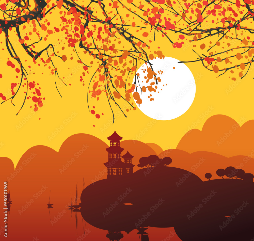 Chinese or Japanese autumn landscape with a pagoda on the lake with boats and tree branches with fall foliage at sunset.