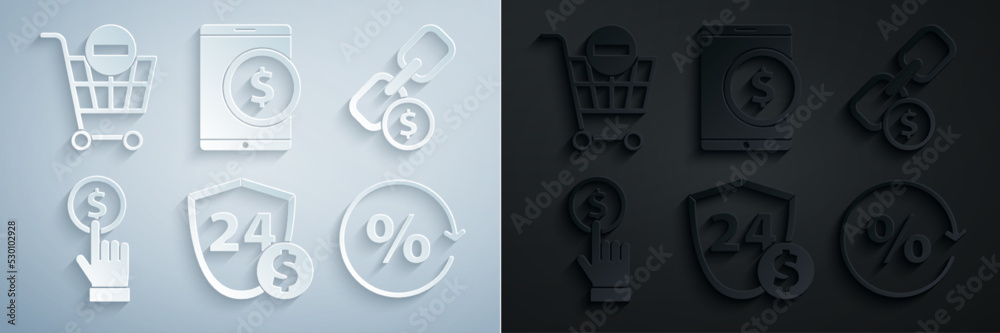 Obraz premium Set Shield with dollar, Chain link and coin, Hand holding, Discount percent tag, Tablet and Remove shopping cart icon. Vector